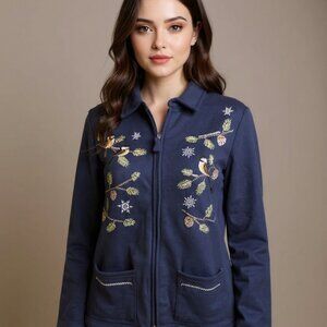 NWT BRECKENRIDGE Holiday Jacket Small Full Zip Birds Snowflake Pockets Navy Blue